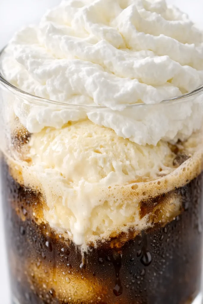 Rich iced coffee float with creamy vanilla ice cream, dark cold brew, and whipped cream in a tall glass