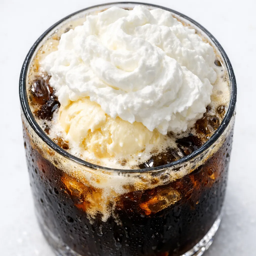 Iced coffee float with vanilla ice cream melting into cold brew, creamy and refreshing texture
