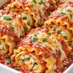 Golden brown lasagna roll-ups topped with marinara sauce and melted mozzarella cheese, garnished with fresh basil.