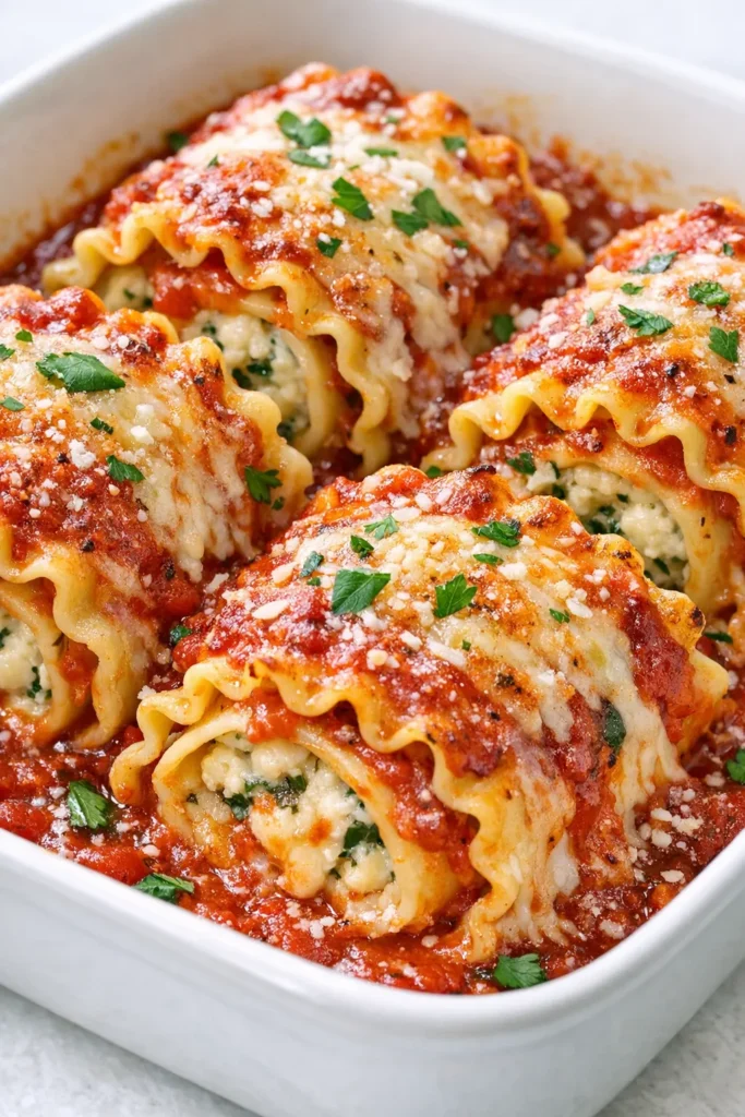 Golden brown lasagna roll-ups topped with marinara sauce and melted mozzarella cheese, garnished with fresh basil.