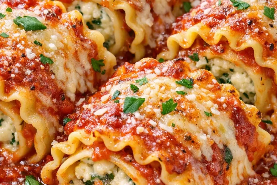 Golden brown lasagna roll-ups topped with marinara sauce and melted mozzarella cheese, garnished with fresh basil.