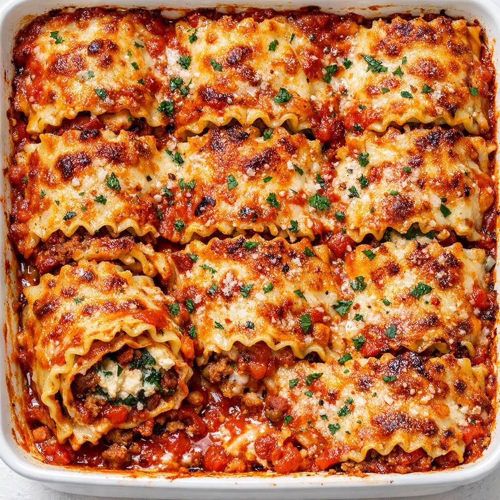 Layered lasagna roll-ups with creamy ricotta and spinach being rolled on a wooden board, showing the filling and noodles.