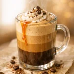 Velvety coffee mousse in a glass, topped with whipped cream and cocoa powder, rich dark brown and creamy white layers.