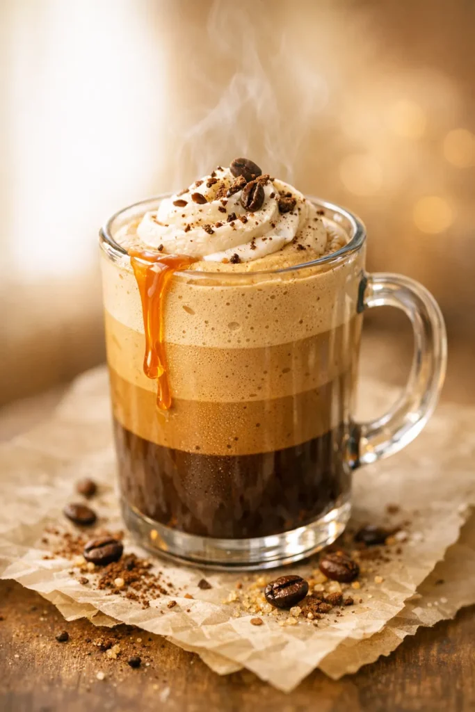Velvety coffee mousse in a glass, topped with whipped cream and cocoa powder, rich dark brown and creamy white layers.