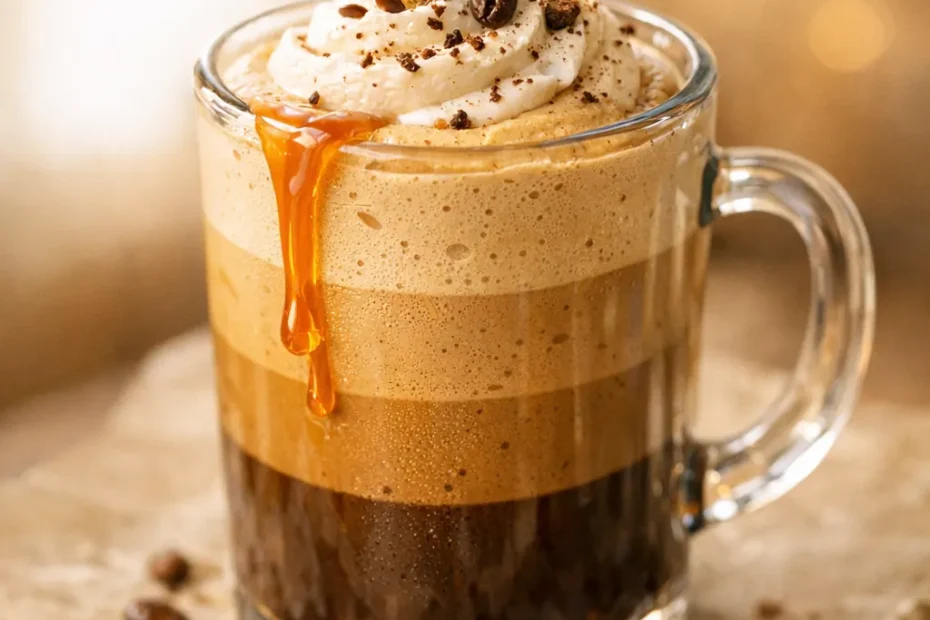 Velvety coffee mousse in a glass, topped with whipped cream and cocoa powder, rich dark brown and creamy white layers.