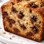 Moist chocolate chip banana bread loaf sliced on a plate, showing tender crumb and melted chocolate chips.