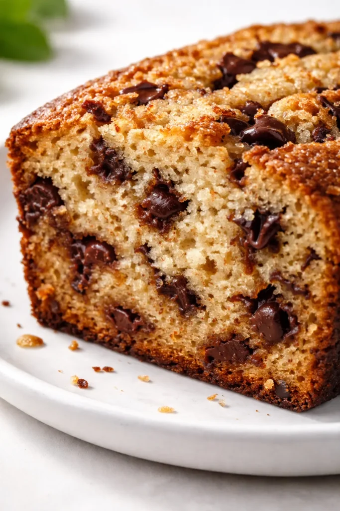 Moist chocolate chip banana bread loaf sliced on a plate, showing tender crumb and melted chocolate chips.
