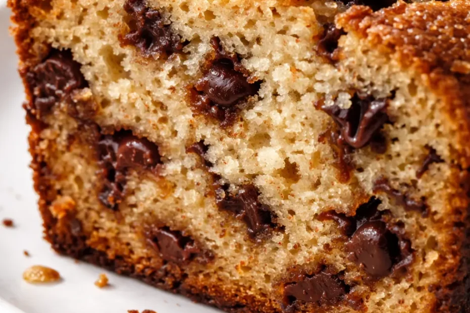 Moist chocolate chip banana bread loaf sliced on a plate, showing tender crumb and melted chocolate chips.