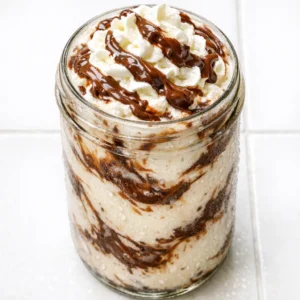 Rich and creamy no-blender Nutella milkshake in a tall glass with a straw, smooth chocolate texture.