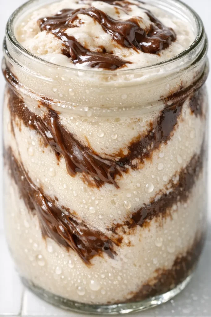 No-blender Nutella milkshake with creamy texture, topped with whipped cream and chocolate drizzle in a tall glass.