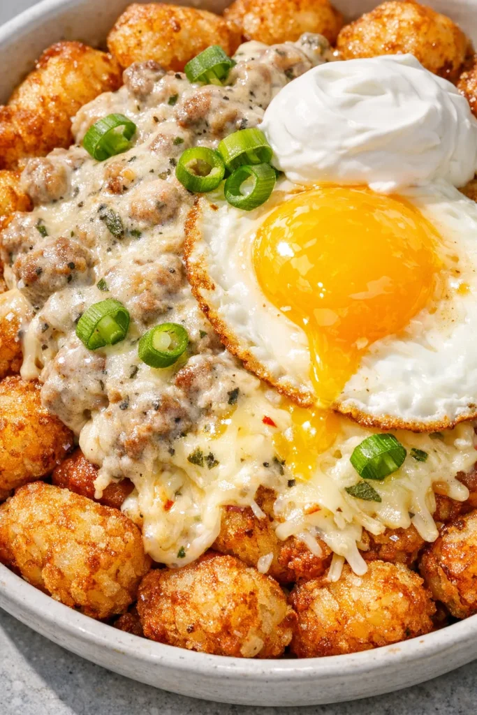 Crispy tater tot breakfast bowl with rich sausage gravy, sunny-side egg, and melted cheddar cheese on a white plate.