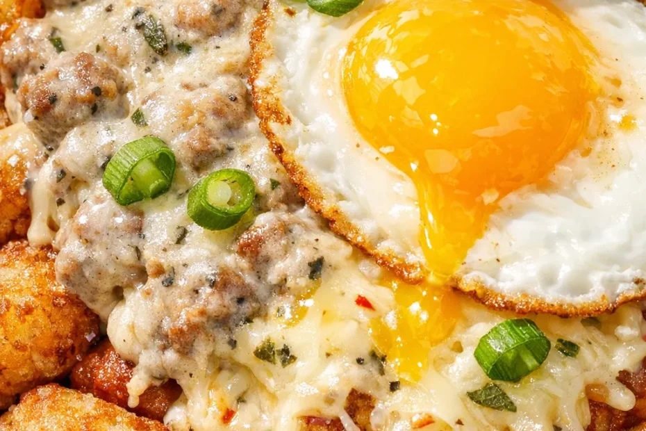 Crispy tater tot breakfast bowl with rich sausage gravy, sunny-side egg, and melted cheddar cheese on a white plate.