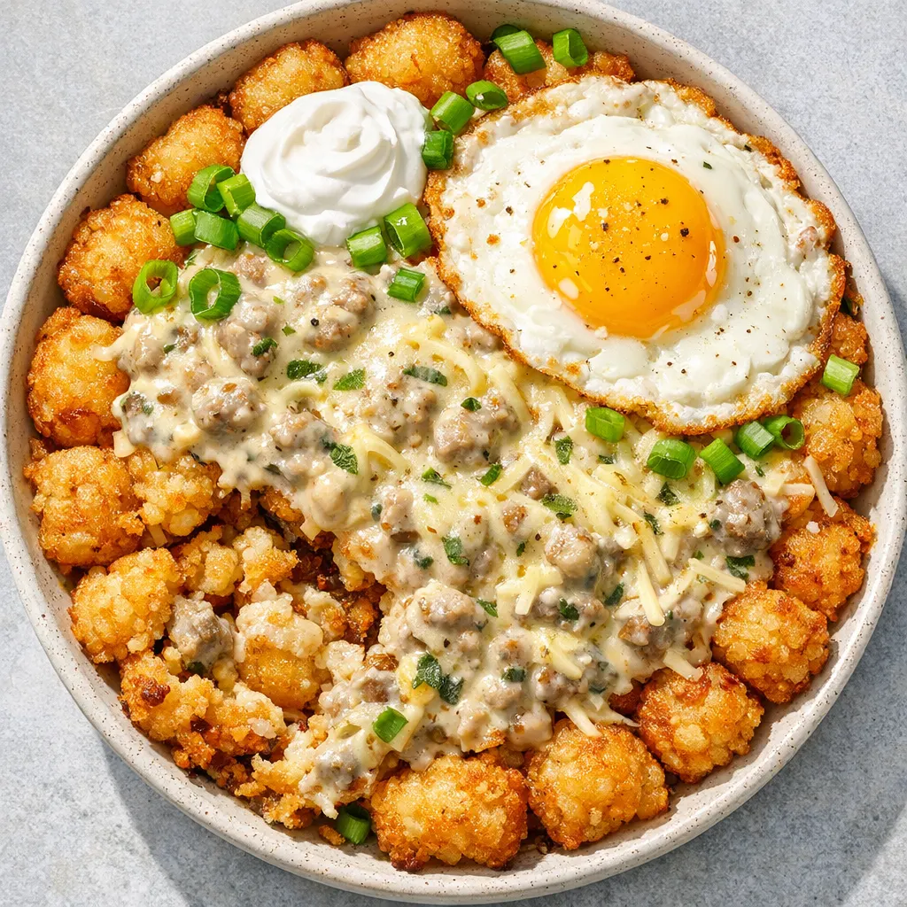 Pouring creamy sausage gravy over crispy golden tater tots in a breakfast bowl.