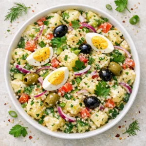 Creamy Turkish potato salad with fresh herbs and lemon, served in a white bowl