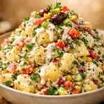 Creamy Turkish potato salad with fresh herbs, presented in a serving bowl, showcasing vibrant colors and smooth texture.