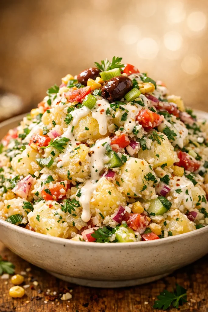 Creamy Turkish potato salad with fresh herbs, presented in a serving bowl, showcasing vibrant colors and smooth texture.