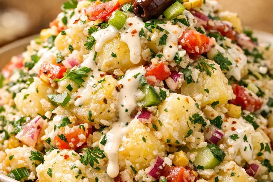 Creamy Turkish potato salad with fresh herbs, presented in a serving bowl, showcasing vibrant colors and smooth texture.