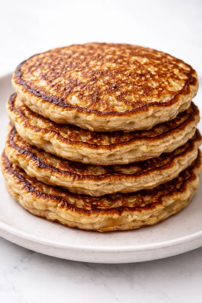 Stack of fluffy 3 ingredient banana oatmeal pancakes with golden brown edges, drizzled with maple syrup, on a white plate.