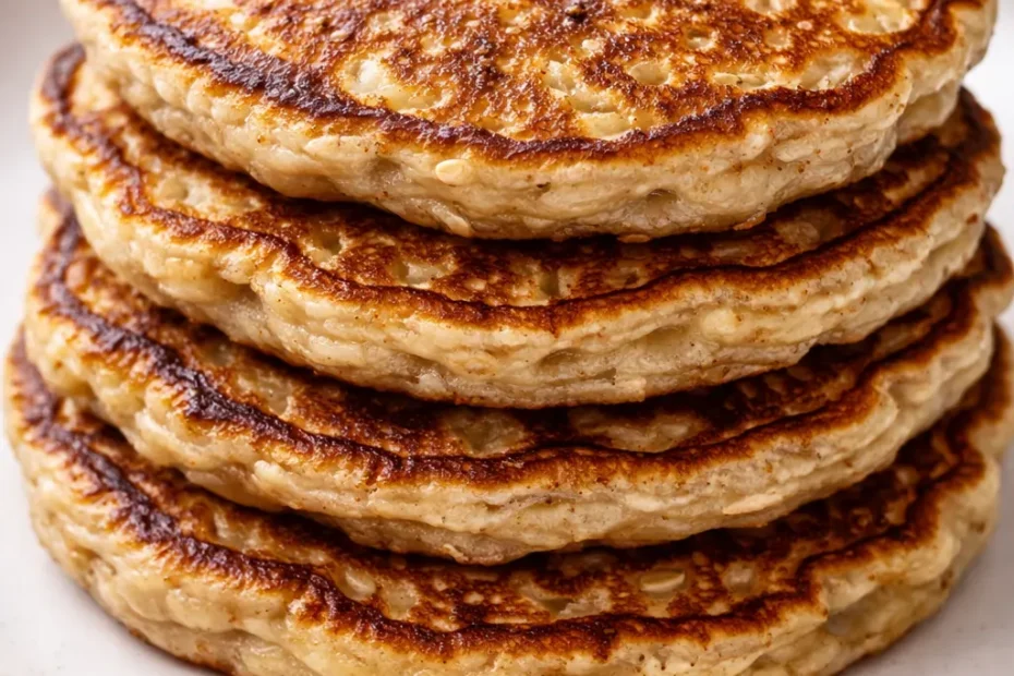 Stack of fluffy 3 ingredient banana oatmeal pancakes with golden brown edges, drizzled with maple syrup, on a white plate.