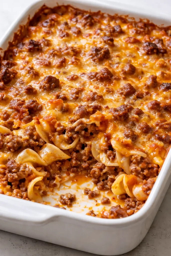 Golden, bubbly ground beef casserole with melted cheese in a baking dish