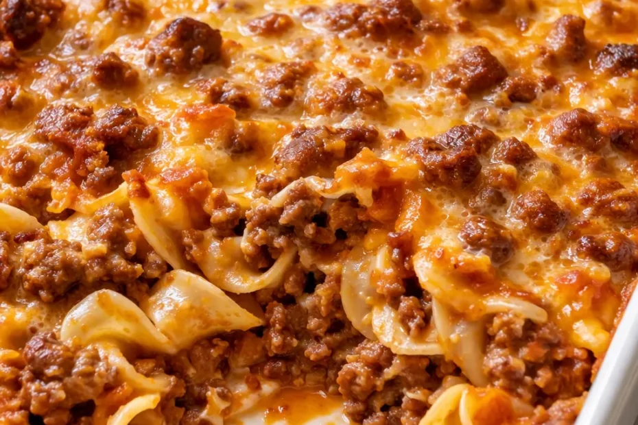 Golden, bubbly ground beef casserole with melted cheese in a baking dish