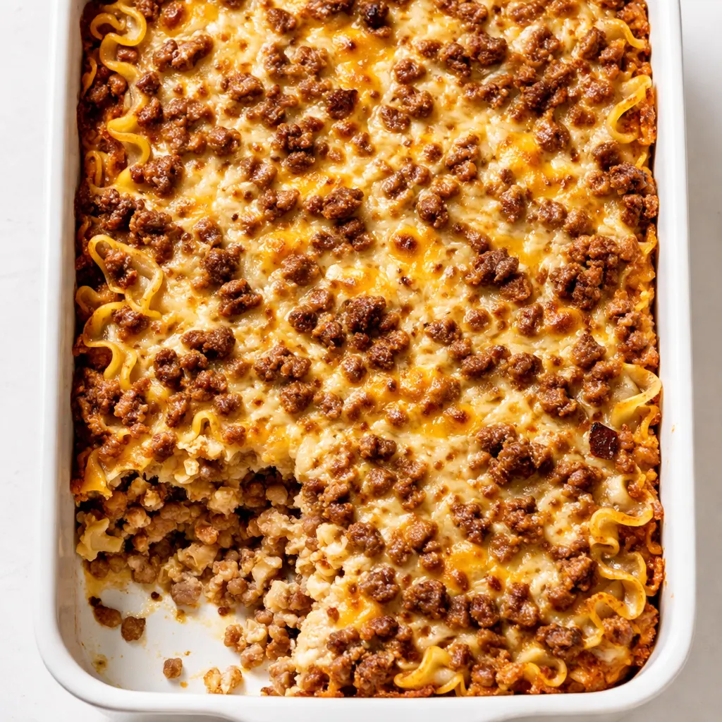 Browned ground beef sizzling in a skillet with diced onions, the first step for this easy 5-Ingredient Ground Beef Casserole that’s creamy and comforting.
