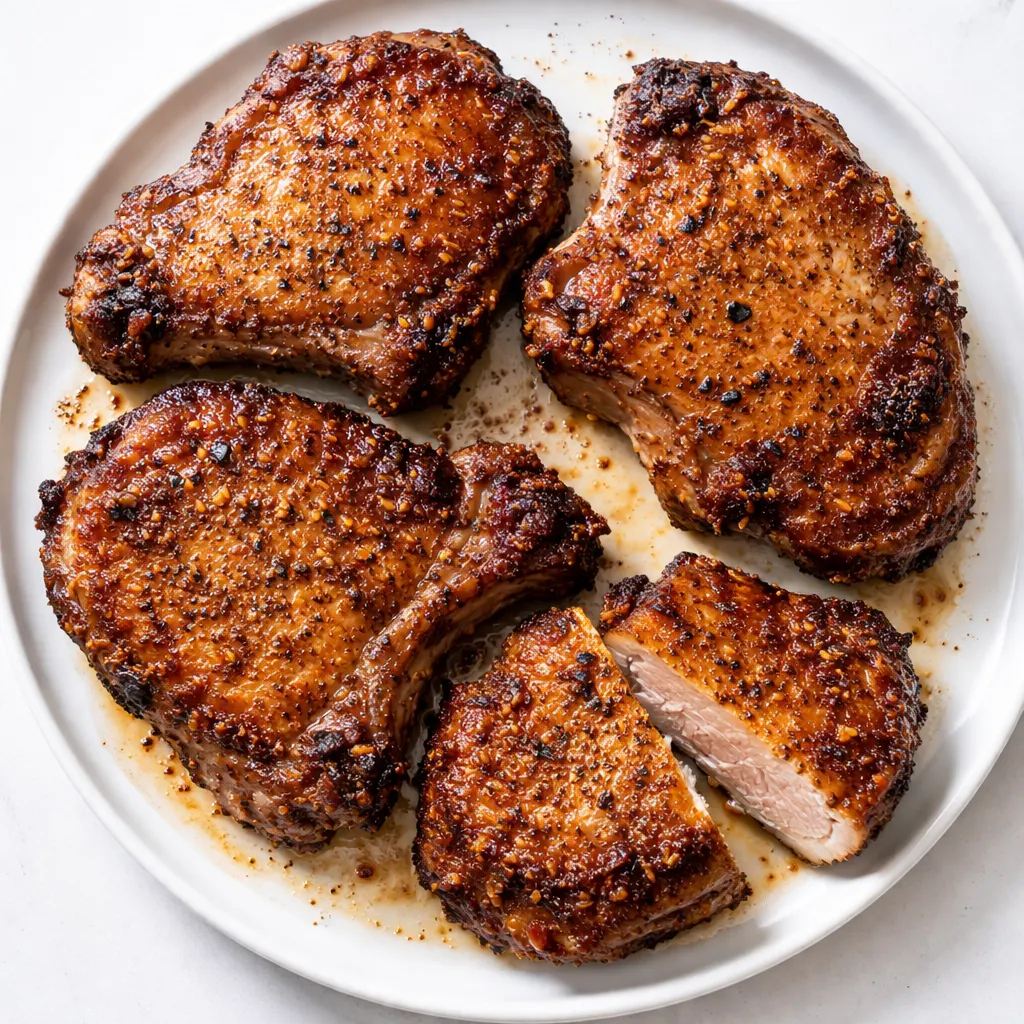 Juicy air fryer pork chops golden brown with crispy edges, seasoned with herbs, placed in air fryer basket.