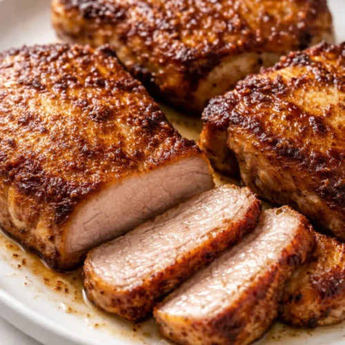 Golden air fryer pork chops with a beautiful sear, juicy interior, and crispy edges, presented on a white plate with a side of roasted vegetables.