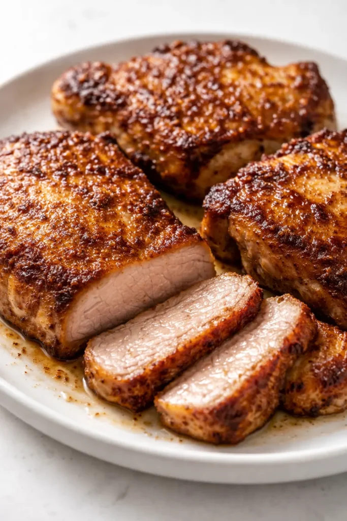Golden air fryer pork chops with a beautiful sear, juicy interior, and crispy edges, presented on a white plate with a side of roasted vegetables.