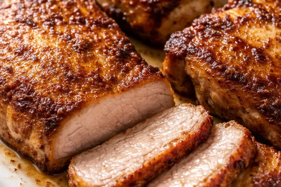 Golden air fryer pork chops with a beautiful sear, juicy interior, and crispy edges, presented on a white plate with a side of roasted vegetables.