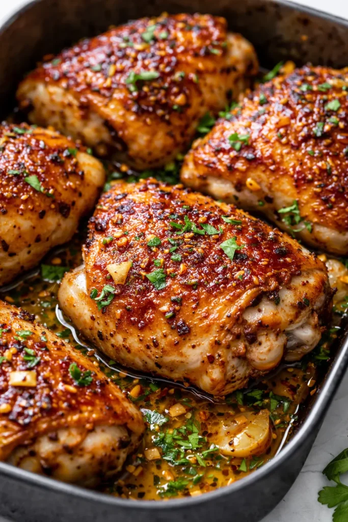 Golden brown baked boneless chicken thighs with crispy skin and tender juicy meat on a serving platter
