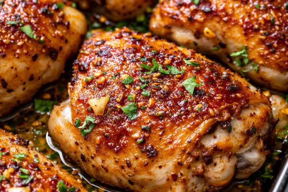 Golden brown baked boneless chicken thighs with crispy skin and tender juicy meat on a serving platter