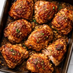 Juicy baked boneless chicken thighs with golden browned skin and herbs in a baking dish, ready for the oven.