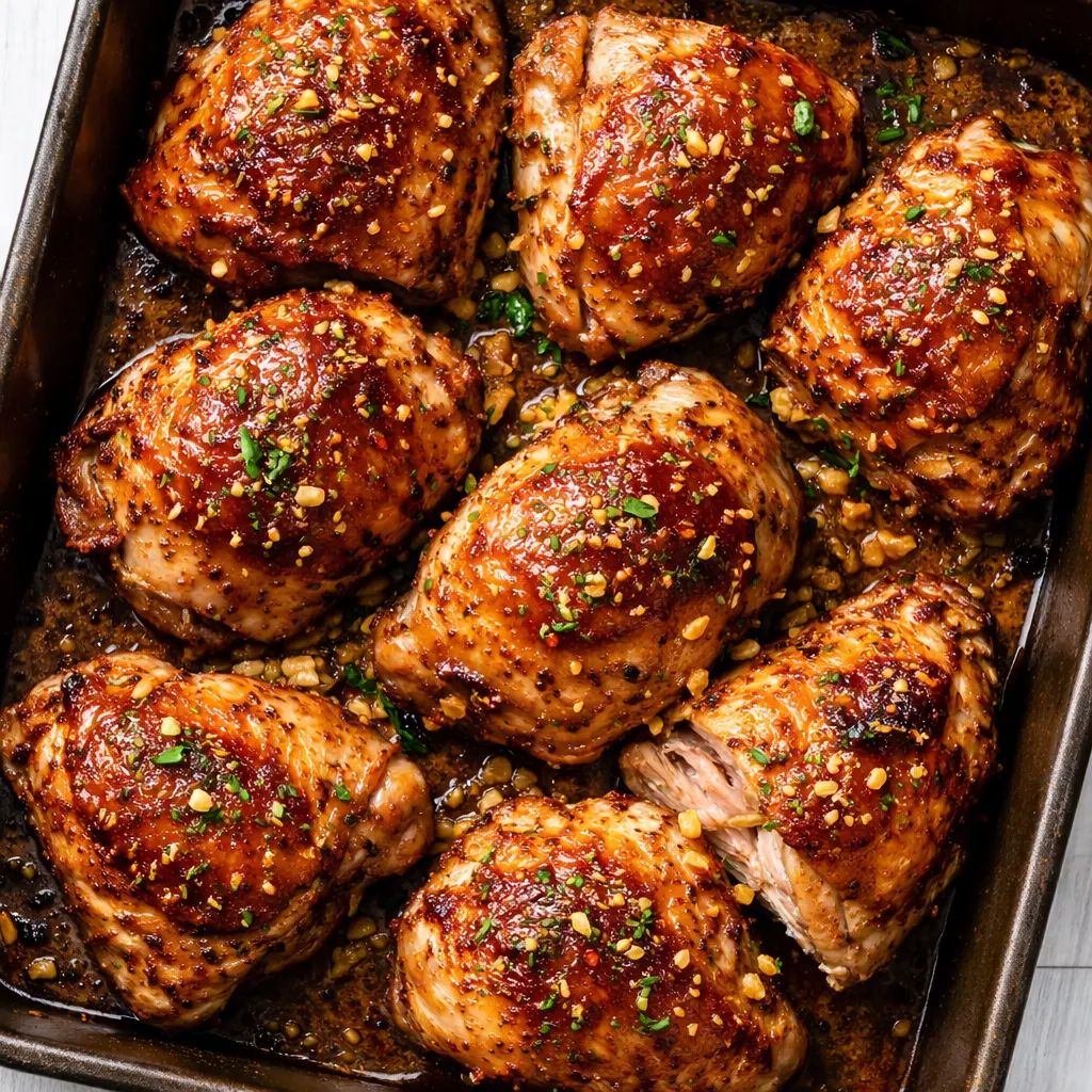 Juicy baked boneless chicken thighs with golden browned skin and herbs in a baking dish, ready for the oven.