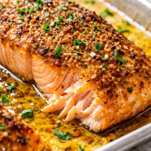 Baked Dijon salmon fillet with golden crust and flaky texture, served on a plate with lemon wedges and greens.