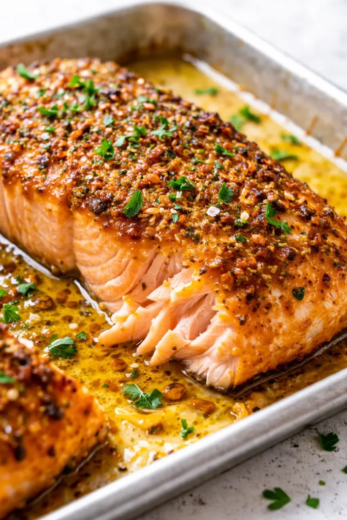 Baked Dijon salmon fillet with golden crust and flaky texture, served on a plate with lemon wedges and greens.