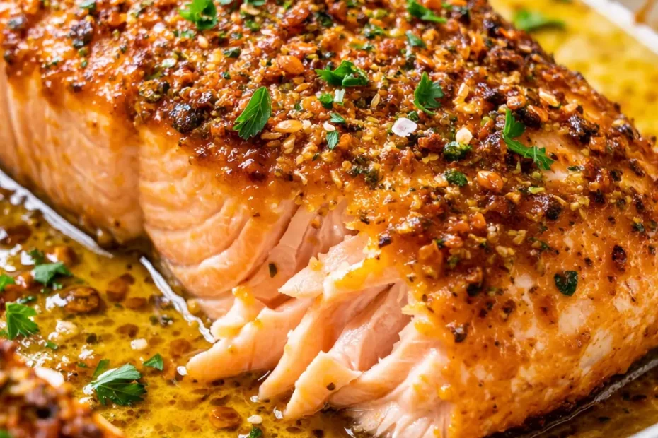 Baked Dijon salmon fillet with golden crust and flaky texture, served on a plate with lemon wedges and greens.
