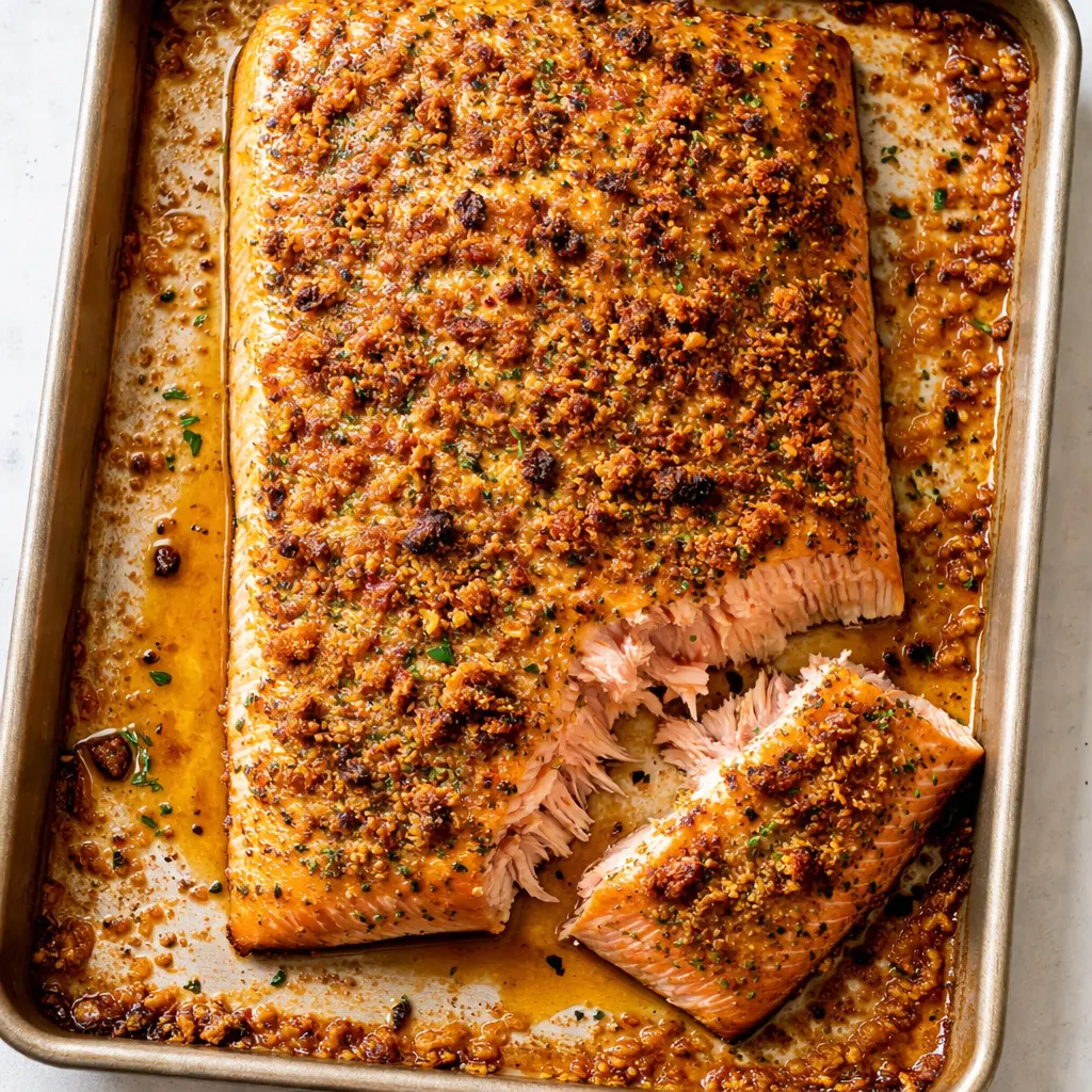 Flaky golden baked Dijon salmon with a glossy mustard glaze, perfectly cooked on a lined baking sheet.