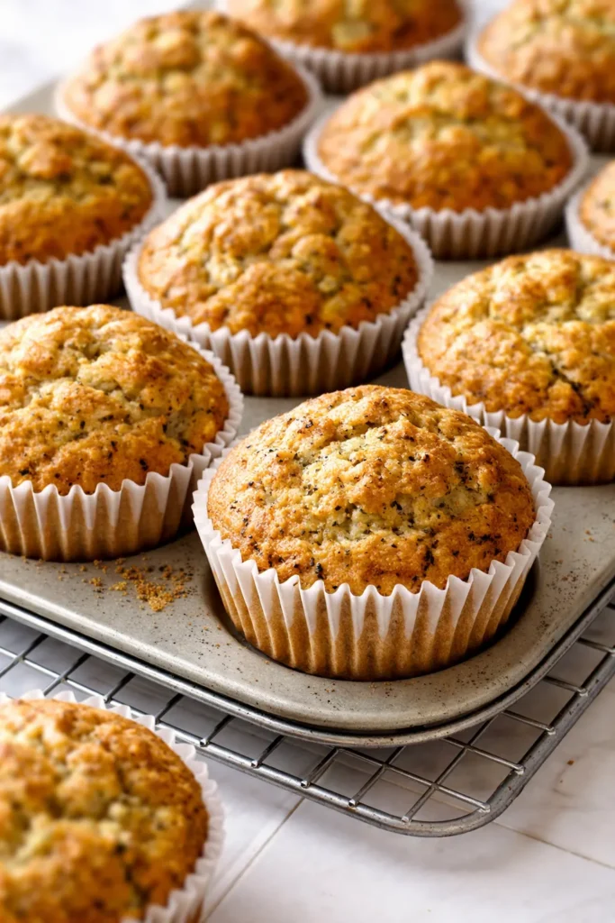 Moist banana zucchini muffins with golden tops and visible green zucchini flecks, piled on a wooden board