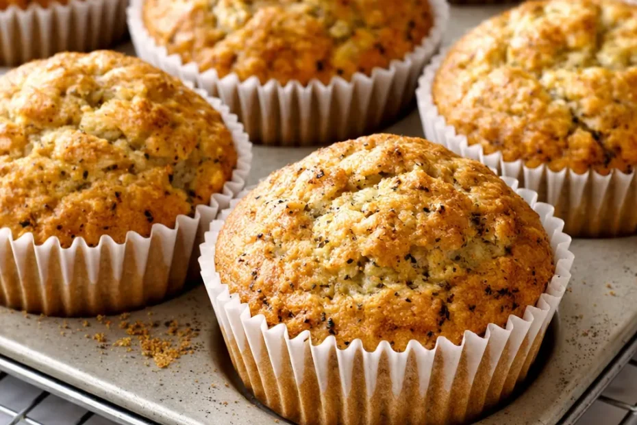 Moist banana zucchini muffins with golden tops and visible green zucchini flecks, piled on a wooden board