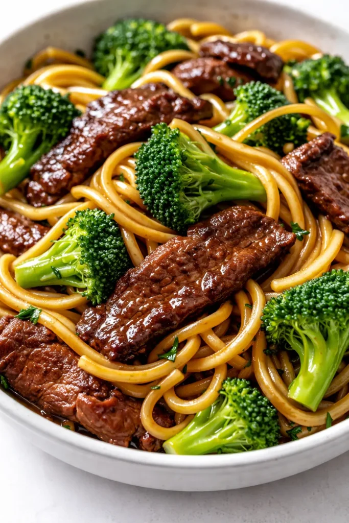 Steaming plate of beef and broccoli lo mein with glossy soy sauce coating tender beef strips and bright green broccoli florets.