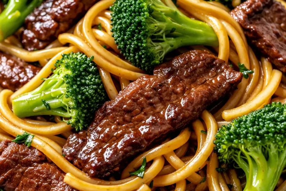 Steaming plate of beef and broccoli lo mein with glossy soy sauce coating tender beef strips and bright green broccoli florets.