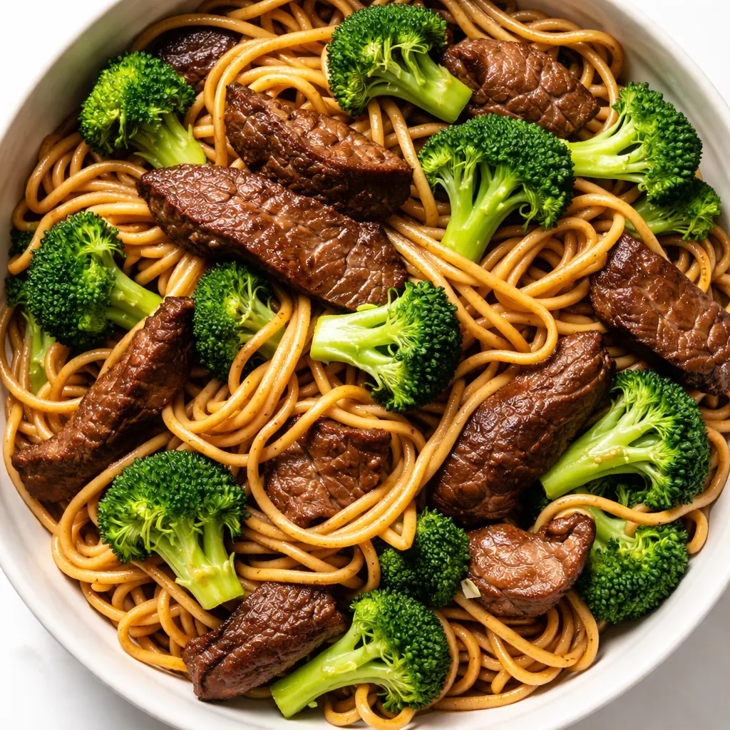Stir-frying beef and broccoli in a hot wok for quick Simple Beef and Broccoli Lo Mein, glossy sauce coating tender noodles.