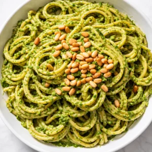 Fresh green pesto sauce blending with basil, garlic, pine nuts, and Parmesan in a food processor, creamy texture