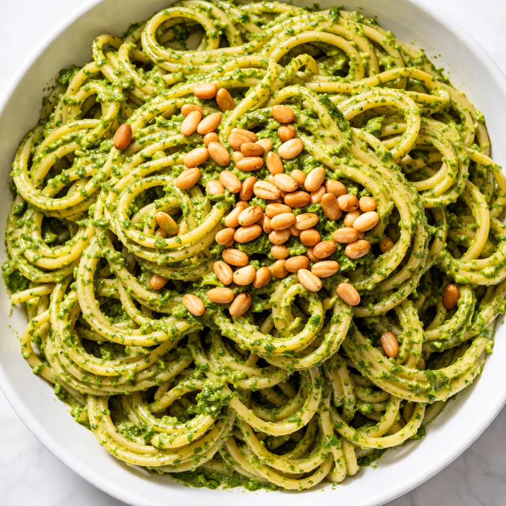 Fresh green pesto sauce blending with basil, garlic, pine nuts, and Parmesan in a food processor, creamy texture