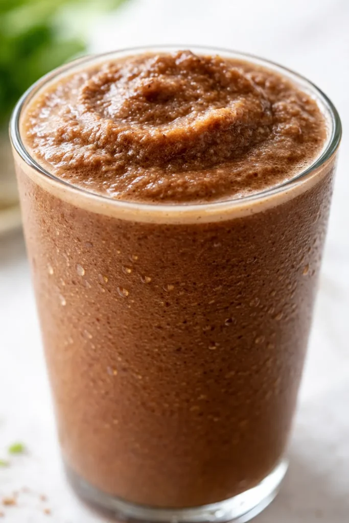 Tall glass of Big Train mocha blended ice coffee topped with whipped cream and chocolate drizzle, frosty brown beverage with rich creamy texture.