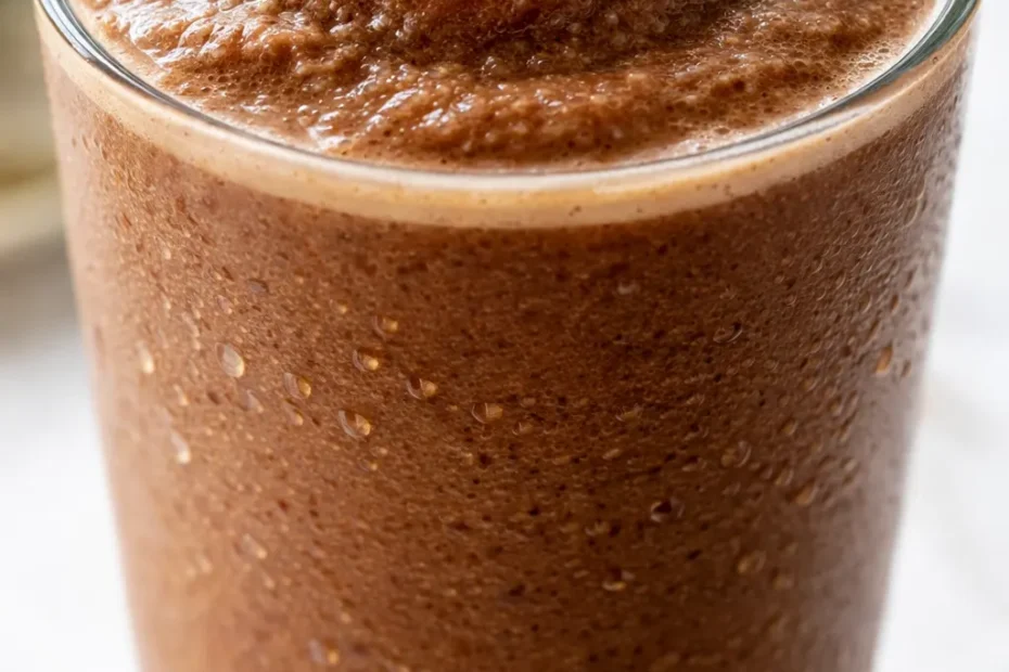 Tall glass of Big Train mocha blended ice coffee topped with whipped cream and chocolate drizzle, frosty brown beverage with rich creamy texture.
