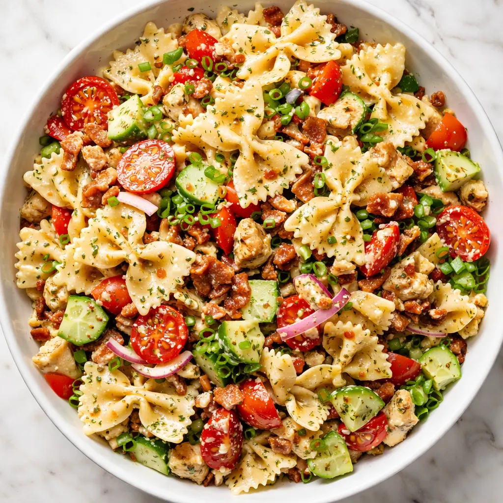 Creamy bow tie pasta salad being tossed with dressing in a large bowl, colorful vegetables and herbs visible, ensuring a rich coating.