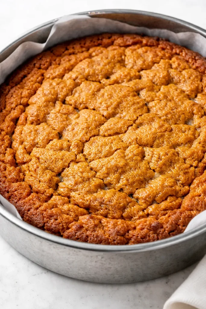 Golden brown butter pumpkin cookie cake topped with creamy frosting and fall leaf sprinkles, revealing a moist, tender crumb.