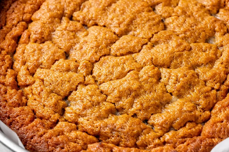 Golden brown butter pumpkin cookie cake topped with creamy frosting and fall leaf sprinkles, revealing a moist, tender crumb.